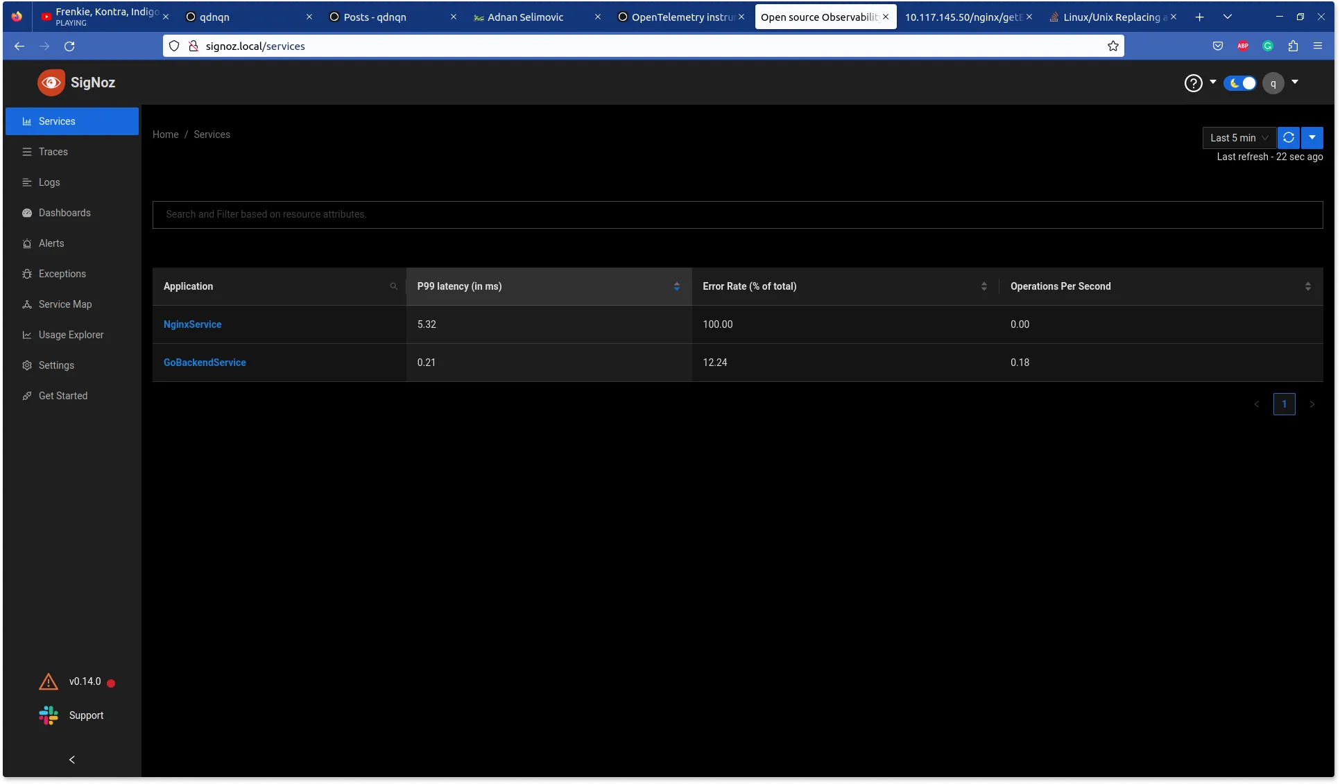 nginx and go backend in the list of applications monitored on SigNoz