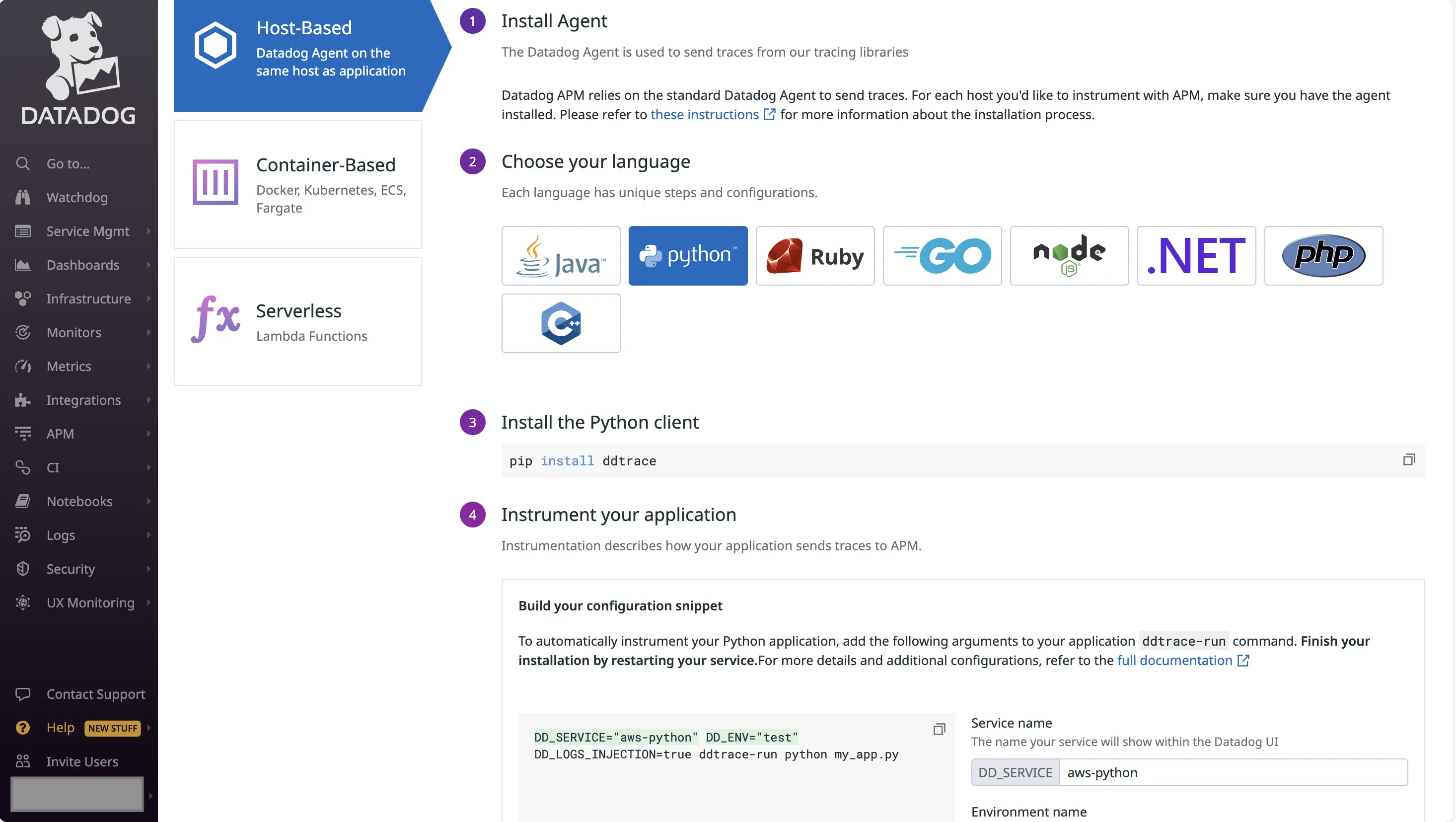 Datadog application specific agent installation page