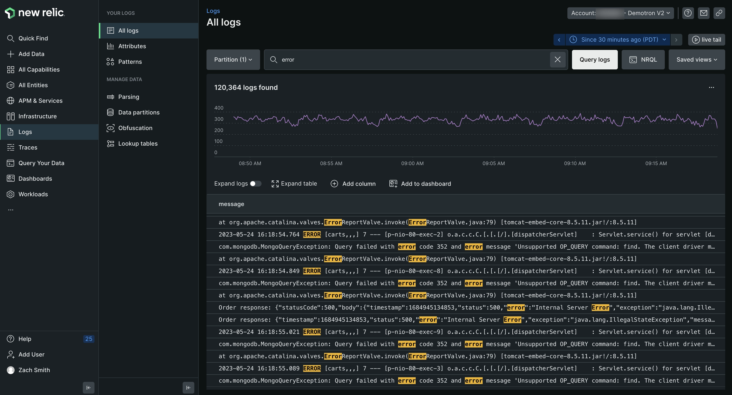 New Relic Logs Dashboard