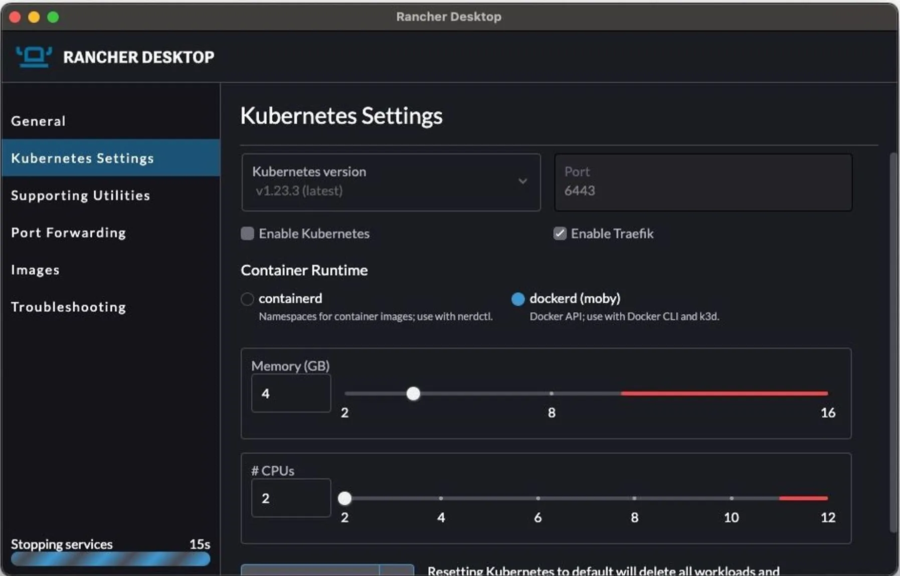 Rancher Desktop GUI